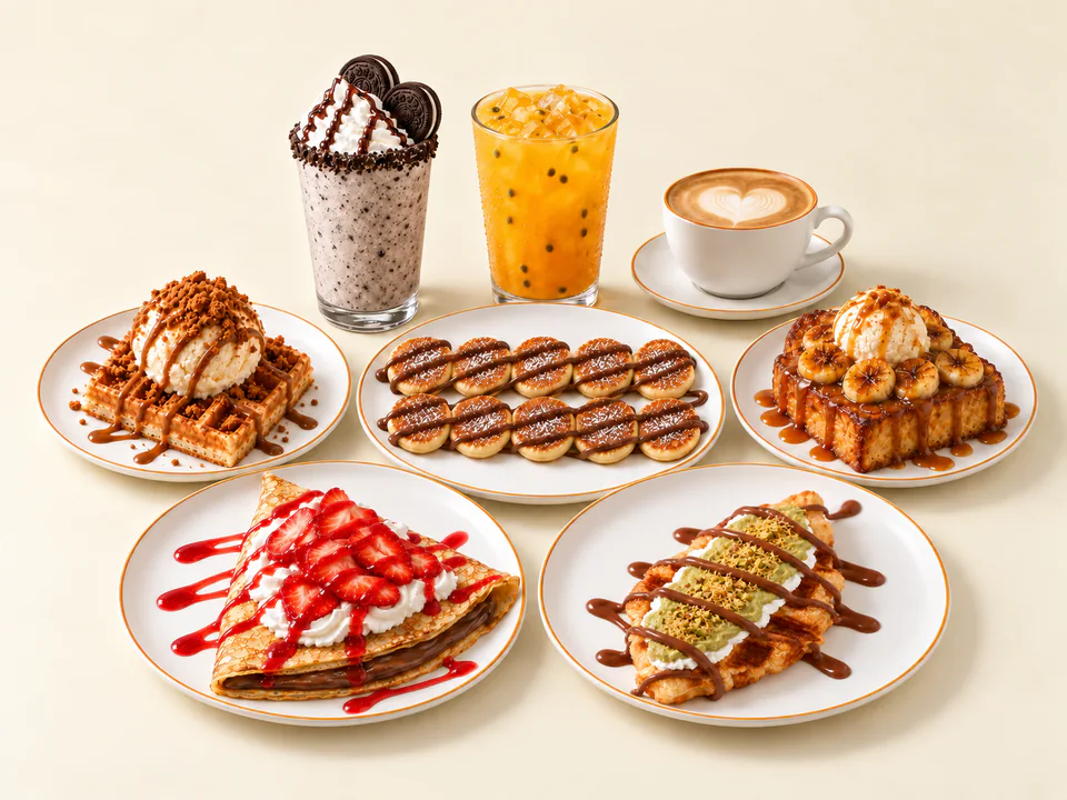 A spread of Drizzling Desserts waffles, mini pancakes, crêpes, croffles, milkshakes, a fruit drink, and coffee
